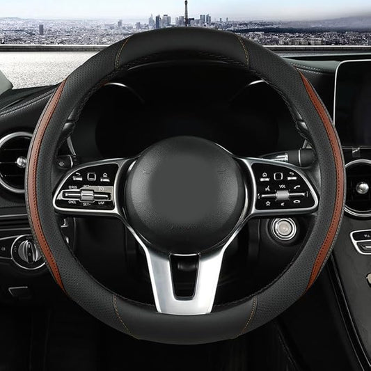 Car Steering Wheel Cover, Leather Steering Wheel Cover Brown Universal 14.5-15 Inch Microfiber Leather Anti-Slip Breathable Auto Steering Wheel Covers for Men Women (Black&Brown)