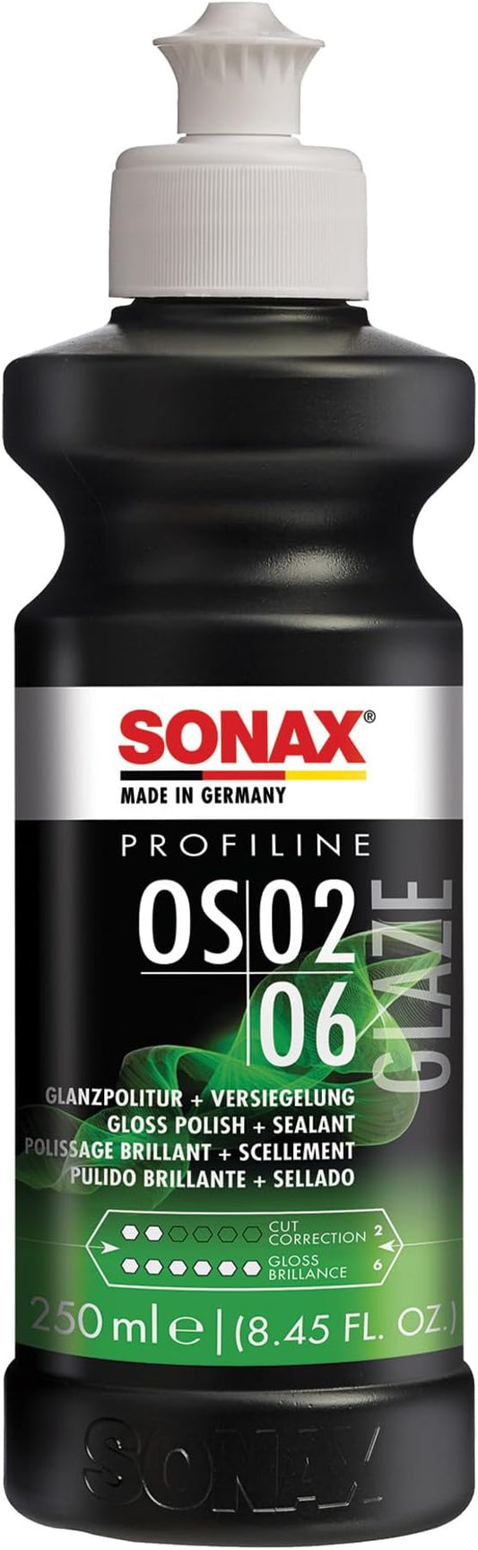 SONAX Glaze OS 02-06 247141 | All-in-One Car Polish for Scratch Removal, High-Gloss Finish & Ceramic Protection | SiO2-Based 6-Month Durability | Hologram-Free Results for All Paint | 250ml