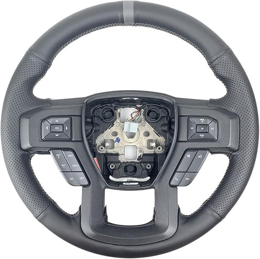 Black Side Perforated Leather Grey Marker Steering Wheel Protector Cover Hand-Stitch on Wrap Fit for Ford F-150 F250 King Ranch/Lariat/XL/XLT/Limited/Platinum/Police Responder 2015-2020