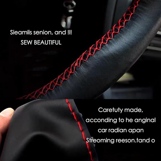 DEEYOTA Car Steering Wheel Cover Universal Fit Round Stitch Steering Wheel Wrap Thin PU Leather Steering Wheel Cover Sewn on 15" Car Wheel (Black)