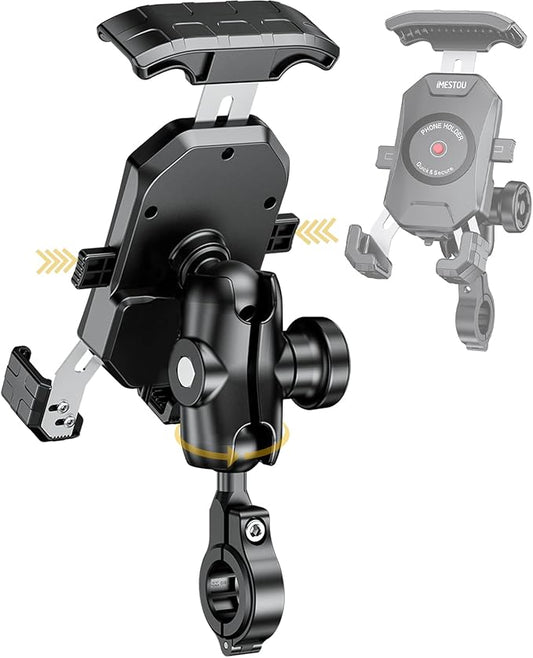 iMESTOU Anti-Theft Motorcycle Phone Mount Bike 1 Ball Phone Holder Handlebar Double Socket Arm Cellphone Holder with Aluminum 1" Ball Base 360 Rotation Universal for 4.0-7.0 Inch Smartphones