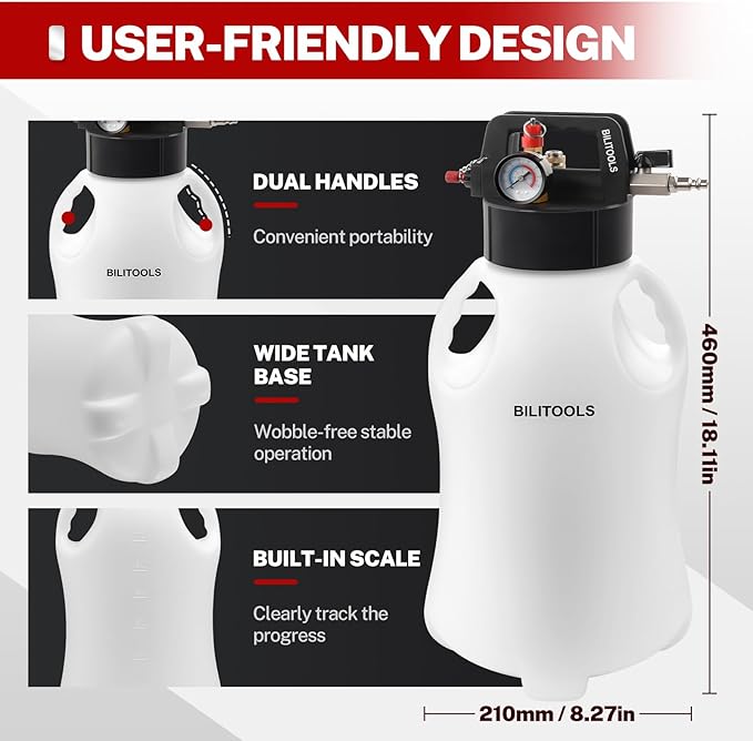 BILITOOLS Transmission Fluid Transfer Pump Air Operated, 8L (2.1 Gallons) Automatic Pneumatic Vacuum Oil Fluid Extractor Dispenser ATF Refill Kit with 15 ATF Adapters