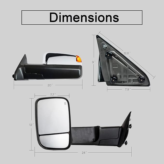WLLW Towing Mirrors fit for 2009 2010 2011 2012 2013 2014 2015 2016 2017 2018 Dodge Ram 1500 2500 3500 Pickup with Power Adjusted Heated Turn Signal Light Temperature Sensor Puddle Lamp Chrome Cap