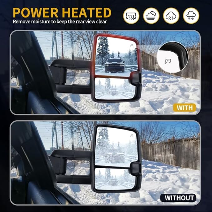 DWVO Towing Mirror Set of 2 Fits for 2007-2013 Chevy Silverado/Sierra/Tahoe/Suburban, Side Mirror with Power-Heated, LED Signal & Foldable Design, Direct Fit Rear View Mirror, Black