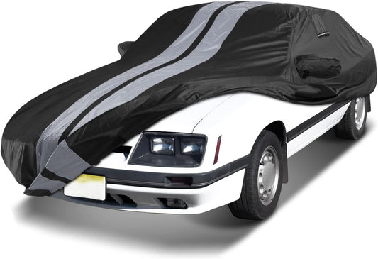 iCarCover Custom Car Cover for 1979-2004 Ford Mustang Waterproof All Weather Rain Snow UV Sun Protector Full Exterior Indoor Outdoor Car Cover (Stripe - Black/Gray)