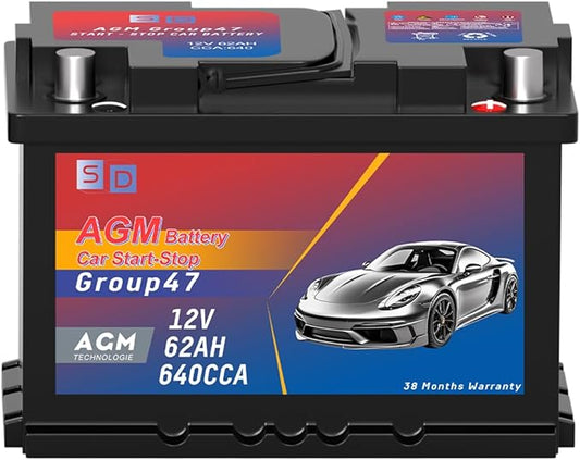 AGM Group 47 Start-Stop Car Battery, 12v 60AH 640-700CCA Maintenance Free Automotive Replacement Batteries, 38 Month Warranty