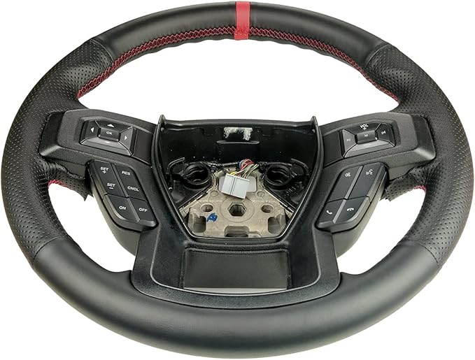 Black Side Perforated Leather Red Marker Steering Wheel Protector Cover Hand-Stitch on Wrap Fit For Ford F-150 F250 King Ranch/Lariat/XL/XLT/Limited/Platinum/Police Responder 2015-2020 (Black Leather)