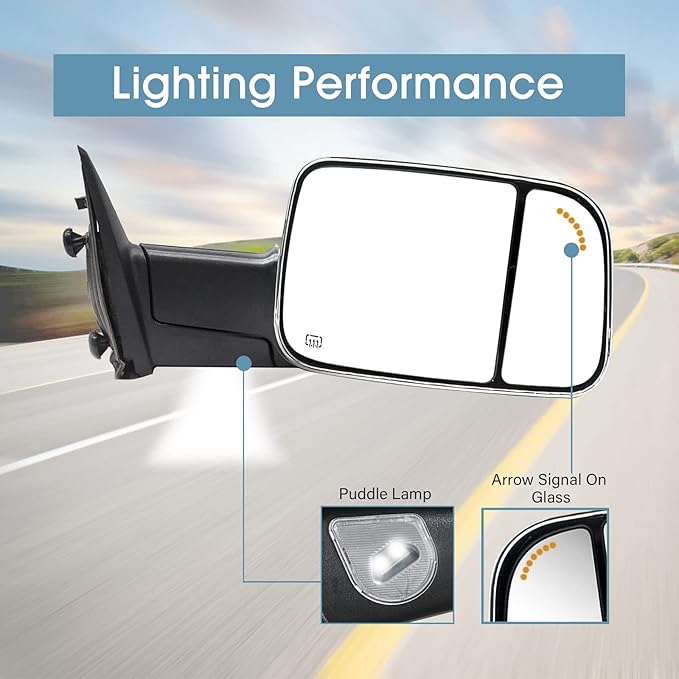 BOOLEE Towing Mirrors Power Heated Compatible with 2009-2018 Dodge Ram 1500,2019-2023 Dodge Ram 1500 Classic Arrow Lamp Puddle Light Temp Sensor Pickup Truck Tow Mirrors Chrome