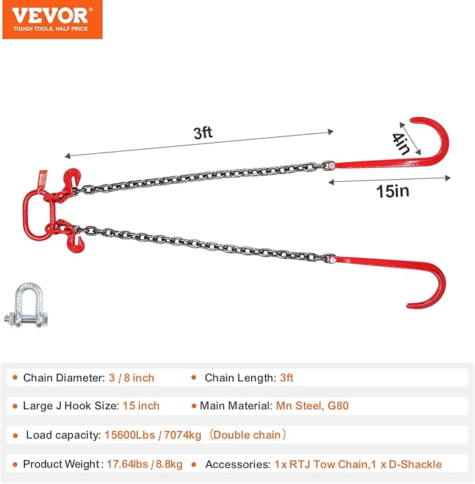 VEVOR G80 V Bridle Chain, 3/8" x 3' Towing Chain Bridle with 15" J Hooks and Grab Hooks, Heavy Duty Transport Tow Chain Bridle with 7800 lbs Safe Working Load for Flatbed Trailer Wrecker Recovery