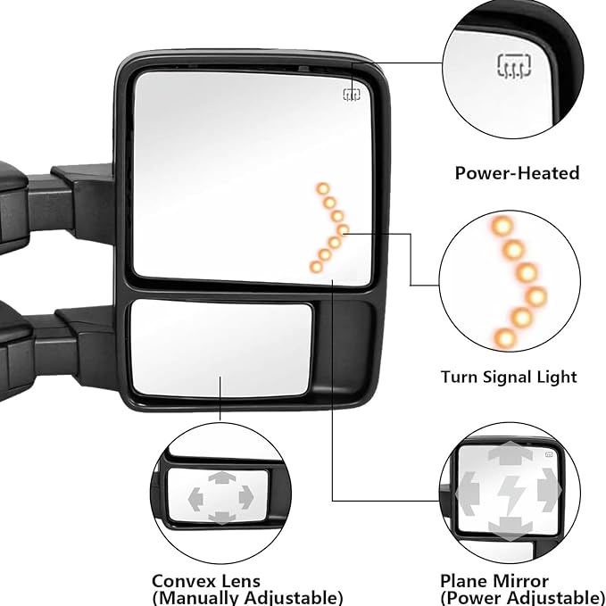 Towing Mirror Left & Right Pair For 99-07 F250/F350/F450/F550 Super Duty,01-05 Excursion,Power Heated,Smoke Signal Light,Arrow Lamp,Driver Passenger Side Lh Rh Replacement