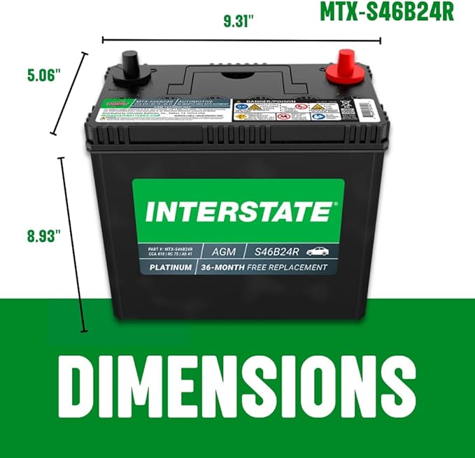 Interstate Batteries Group S46B24R AGM Car Battery Replacement (MTX-S46B24R) 12V, 410 CCA, 36 Month Warranty, Replacement Automotive Battery for Cars