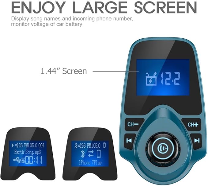 Nulaxy Bluetooth Car FM Transmitter Audio Adapter Receiver Wireless Handsfree Voltmeter Car Kit TF Card AUX 1.44 Display – KM18 Peacock Blue