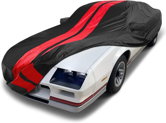 iCarCover Custom Car Cover Compatible with Camaro 1982-1992, Waterproof All Weather Rain Snow UV Sun Protector Full Exterior Indoor Outdoor Car Covers, Stripe (Black/Red)