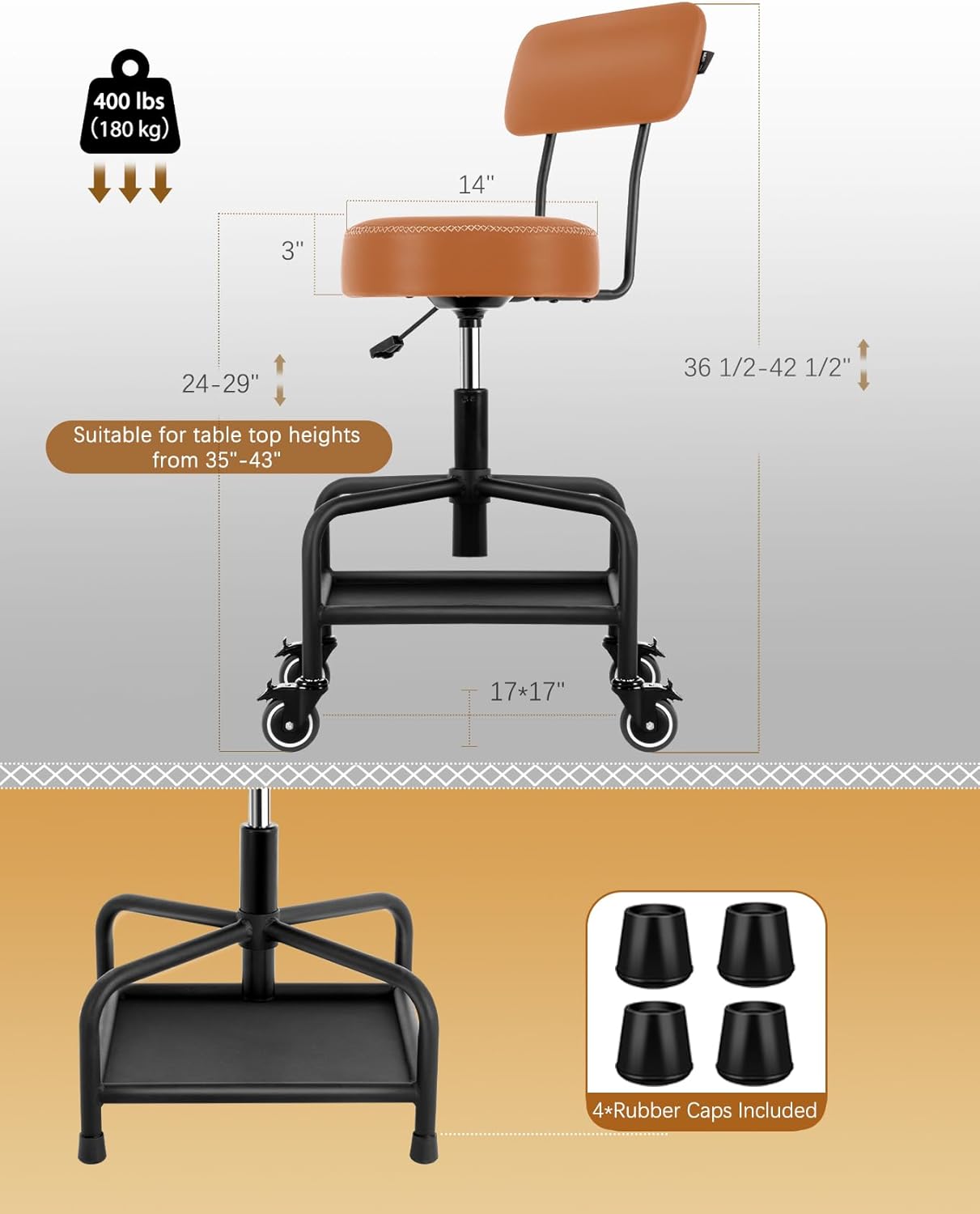 Shop Stool with Lockable Rubber Wheels Adjustable Backrest Tool Tray Storage 400 lb Capacity Rolling Garage Stool (Brown)