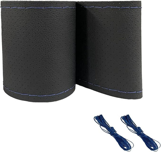 Onerbuy Universal Leather Car Steering Wheel Stitch On Wrap Cover DIY Sewing Breathable and Anti Slip, 15-Inch (Black with Blue)