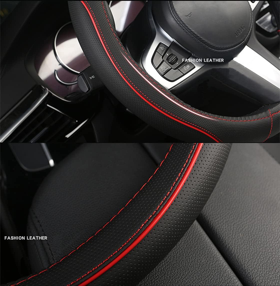 D Shape Car Steering Wheel Cover, Universal 15 inch Stitching Color Anti-Slip Steering Wheel Protector, Red and Black Style (Red and Black D Shape)