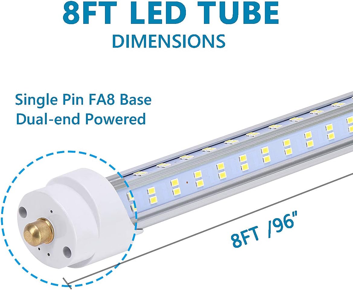 T8 T10 T12 8FT LED Light Bulbs, Single Pin Fa8 Base, 8 Foot LED Fluorescent Tube Replacement, 150W 19000LM, 6000K Super Bright, V Shape, Ballast Bypass, Garage Shop Lights