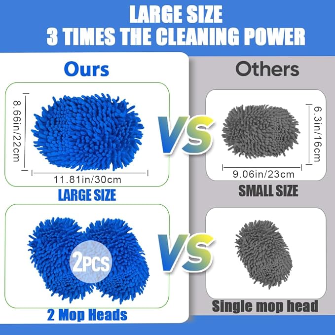 62" Car Wash Brush Mop Kit with Long Handle, 2 in 1 Chenille Microfiber Sponge Mitt Cleaning Detailing Duster for Washing Cars Truck SUV RV Caravans and Household(2 x Mop Head) (Blue)
