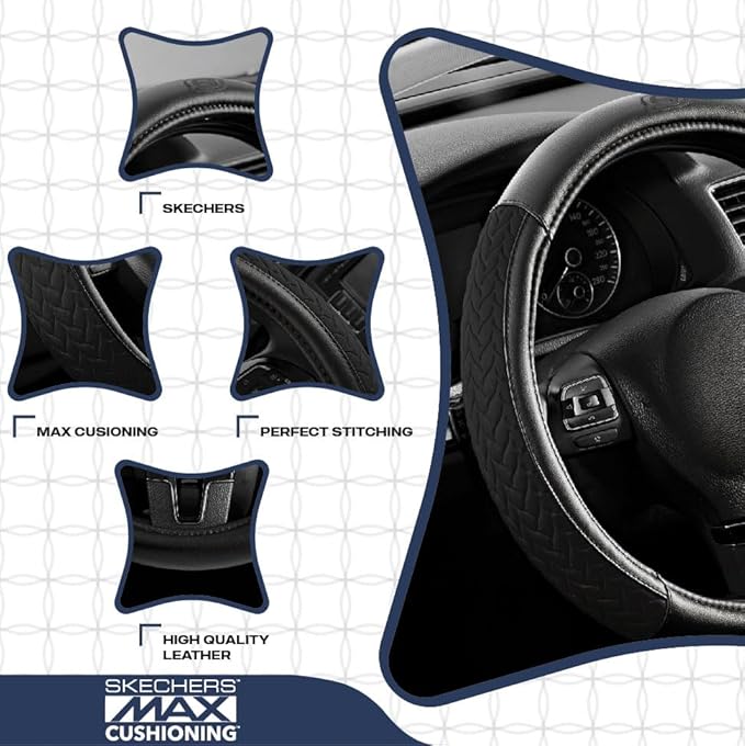 Skechers Steering Wheel Cover,Max Cushioning Leather Steering Wheel Cover Universal Fit 14" 1/2-15" Car Wheel Protector for Men Women Fit Suvs,Vans,Sedans,Car,Trucks,Black