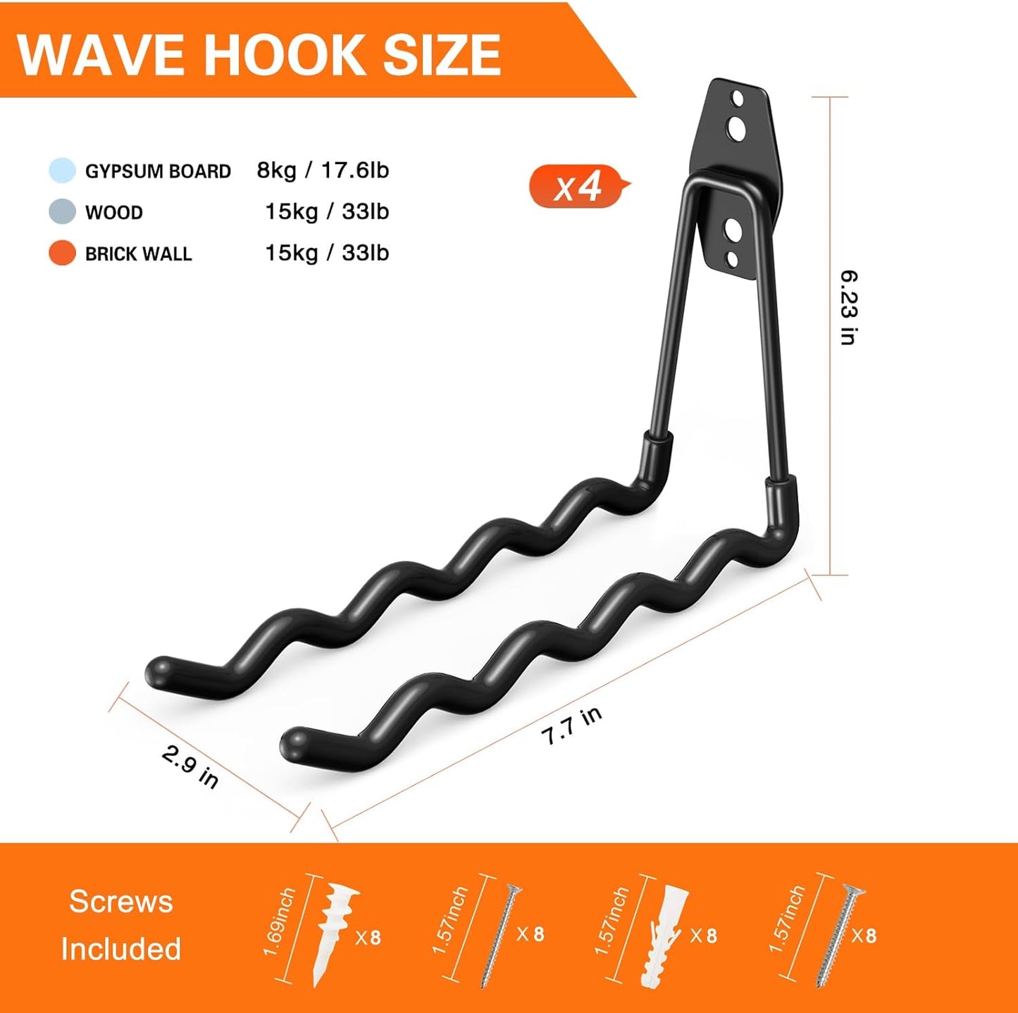 Heavy Duty Garage Hooks 4 Pack, 7.7 inch Wave Long Hanger, Wall Mounted Storage System, Power and Garden Tool Organizer, for Hanging Ladders, Bikes, Hose, Bulk Items and More