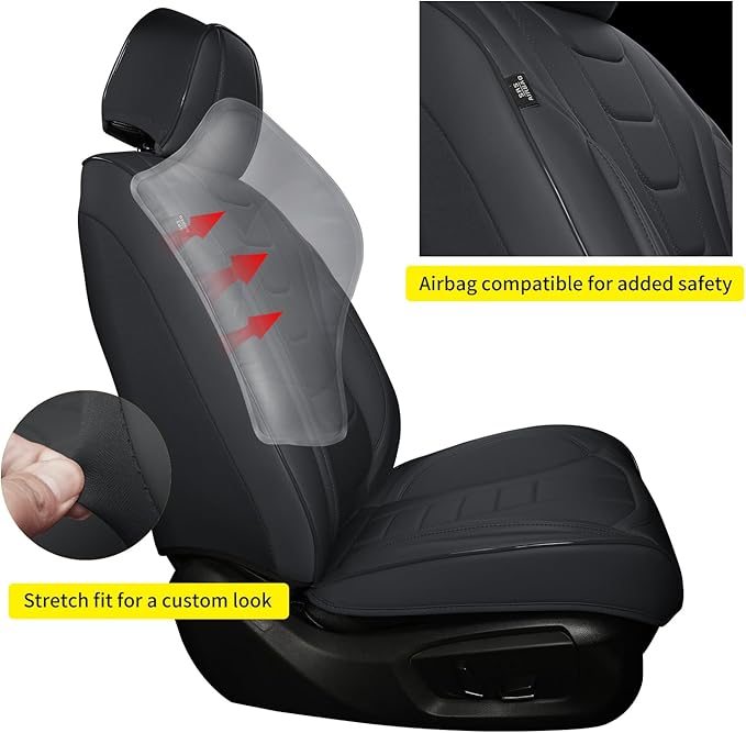 Car Seat Covers for Front Seats – Waterproof & Breathable Faux Nappa Leather, 360° Full Wrap Design, Airbag Compatible, Lumbar Support, Perfect for Drivers With Back Pain From Sitting Too Long – Black