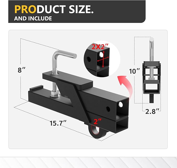 Tow Hitch 2 Inch, Clamp-On Tractor Bucket Hook Receiver Adapter Quick Attach Receiver Chain Hook for Lifting and Carrying Ring, 1100 LB Towing Capacity, Compatible with 2" Front Bucket Lips