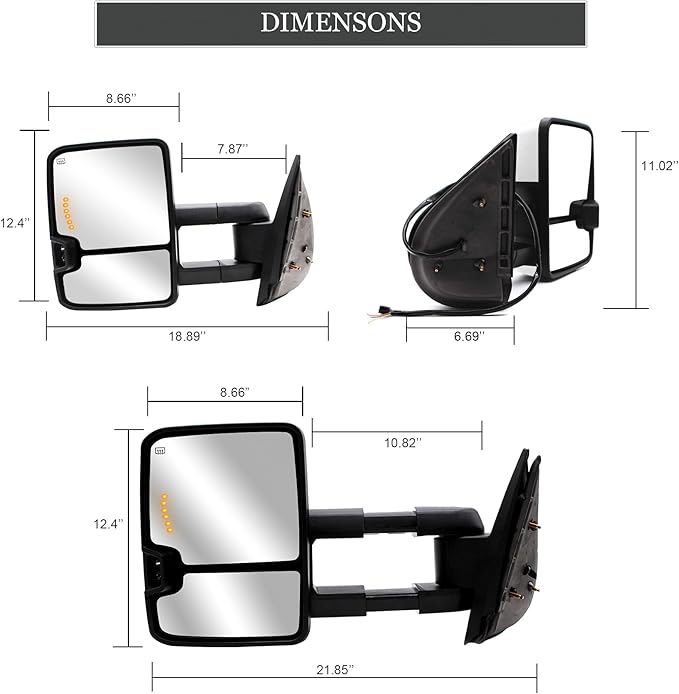 ReYee Towing Mirrors fit for 2007-2014 Chevy Silverado 1500 2500 3500 Tahoe Suburban GMC Yukon Sierra with Heated Power Arrow Signal On Glass Turn Signal Light Manual Telescoping Folding Chrome Cap