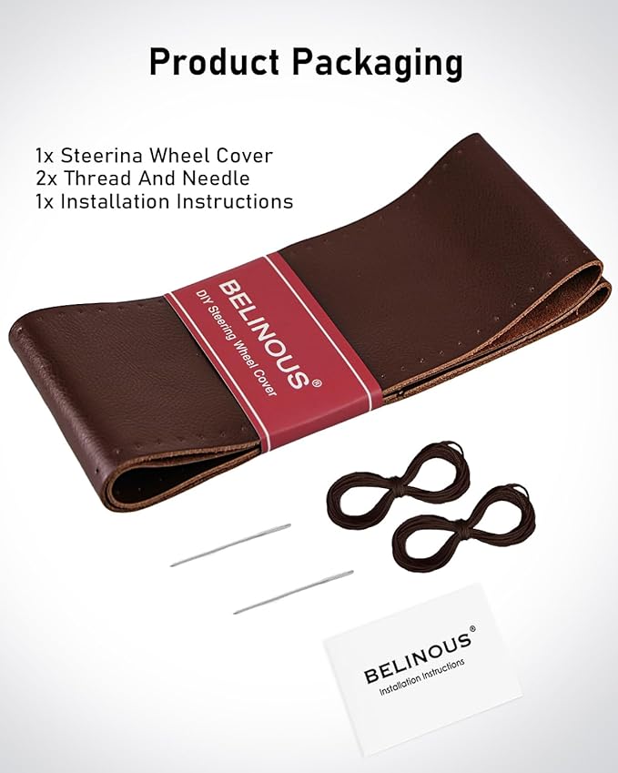 BELINOUS Leather Steering Wheel Cover Lace Up, Stitch On Wrap, Universal Fit 13-20 inch Car Truck SUV Pickup Boat, A Whole Piece of Cowhide, DIY Stitch w/Needle Thread (Size M6, Coffee)