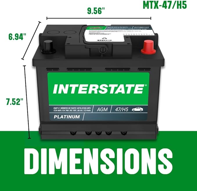Interstate Batteries Mega-Tron® Automotive Battery 12V 60Ah (Group Size H5, 47) 650CCA SLI AGM Automobile Replacement Battery for Cars, SUVs, Sedans, Trucks (MTX-47/H5)