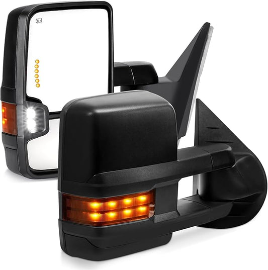 Towing Mirrors For 2007-2014 Chevy Silverado GMC Sierra 1500 2500 HD 3500 HD (2007 New Body Style ONLY) Power Heated Amber Turn Signal Light Manual Folding Extendable Driver Passenger Pair