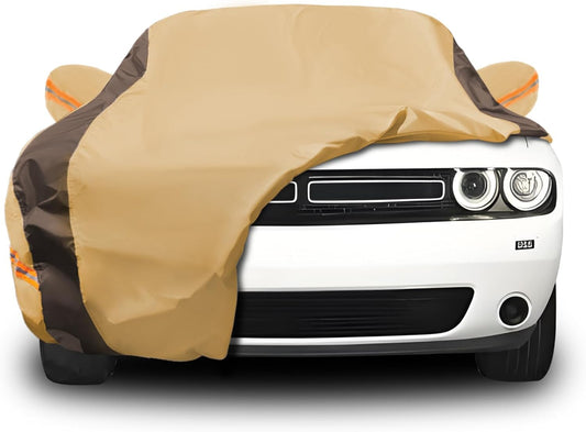 Car Cover Waterproof All Weather Compatible with Dodge Challenger SXT, GT, Hellcat, R/T, SE, Daytona, SRT, SRT8, Outdoor Anti-UV Sun Rain Protection Full Exterior Cover (Camel with Brown)