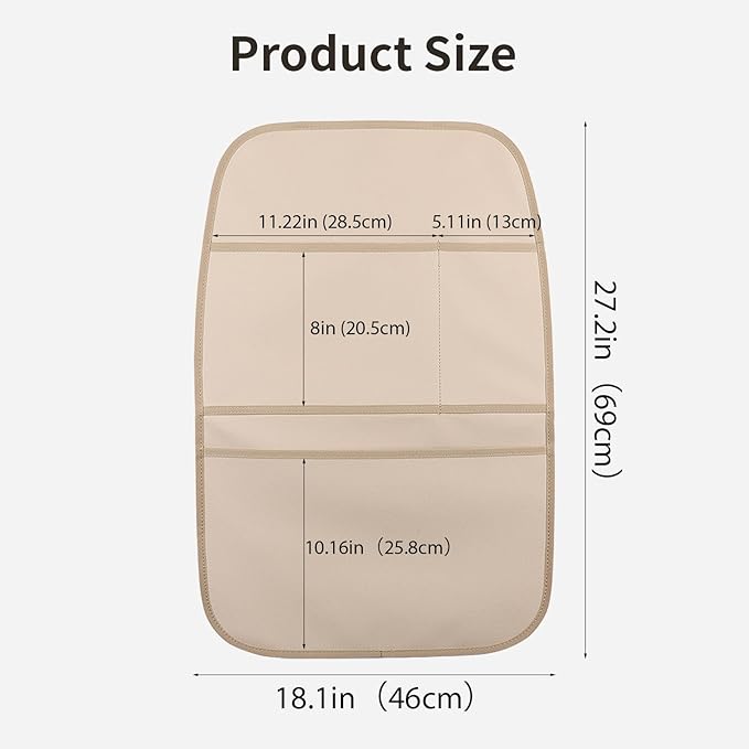 Kick Mat Back Seat Protector Waterproof Leather Car Seat Back Organizers Cover with 3 Storage Pockets for Kids Pets SUV Sedan Minivan Truck Car Travel Accessories (Beige 2-Pack)