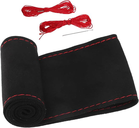 Car Hand Sewn DIY Steering Wheel Cover Breathable Comfortable 38cm Stitch on Wrap Cover Suede Black Stitches Red Auto Replacement Parts