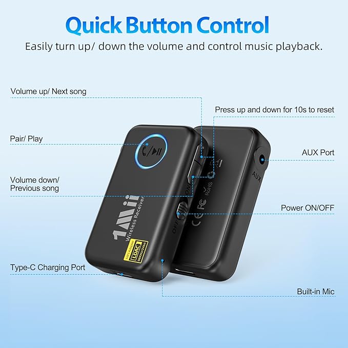 1Mii LDAC Bluetooth Aux Adapter for Car, Wireless Bluetooth 5.3 Receiver with Volume Control, 10H Battery Life, Hands Free Calls, Use in Car/Home Stereo/Wired Headphones/Speaker