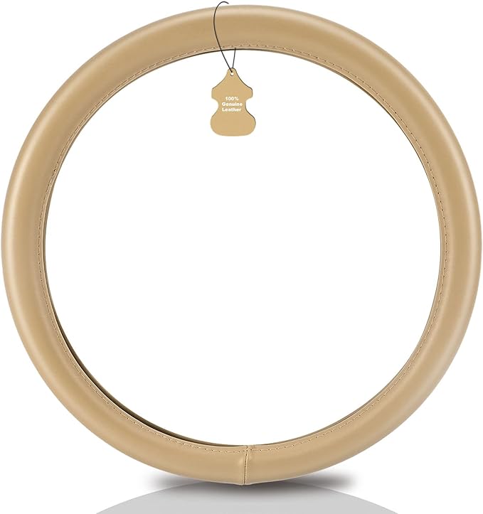 Haokay Heavy Duty Pure Cowhide Steering Wheel Cover SUV Car, Beige Genuine Leather Steering Wheel Cover Men Women Universal 14.5 to 15 Inch