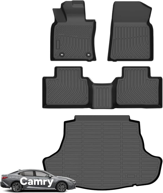 Wayhigh-for Toyota Camry Hybrid 2025 All Weather Floor Mats and Cargo Liner Set TPE Car Mats Waterproof Anti-Slip Rubber Trunk Liner Camry Accessories