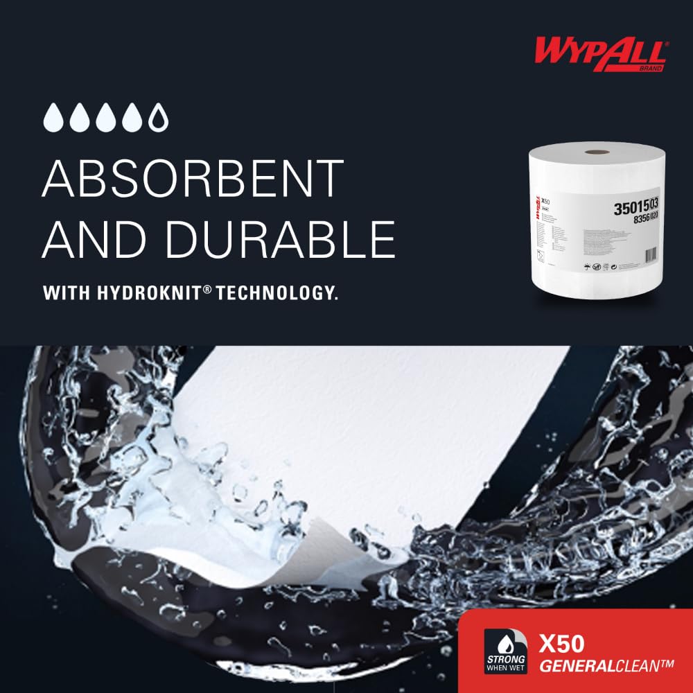 WypAll GeneralClean X50 Cloths Cleaning Wipes (35015), Jumbo, Strong Towels for Extended Use, White (1 Roll of 1,100 Sheets, 1,100 Sheet Total)