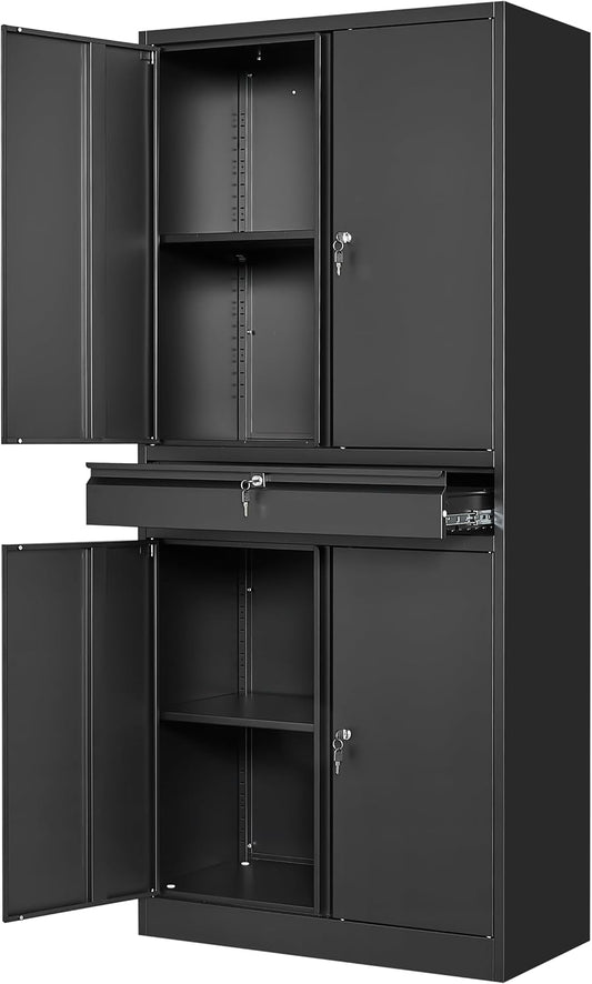 Yizosh Metal Garage Storage Cabinet with Locking Doors and Adjustable Shelves, 71" Tool Storage Cabinet with 1 Drawer for Garage,Warehouse (Black)