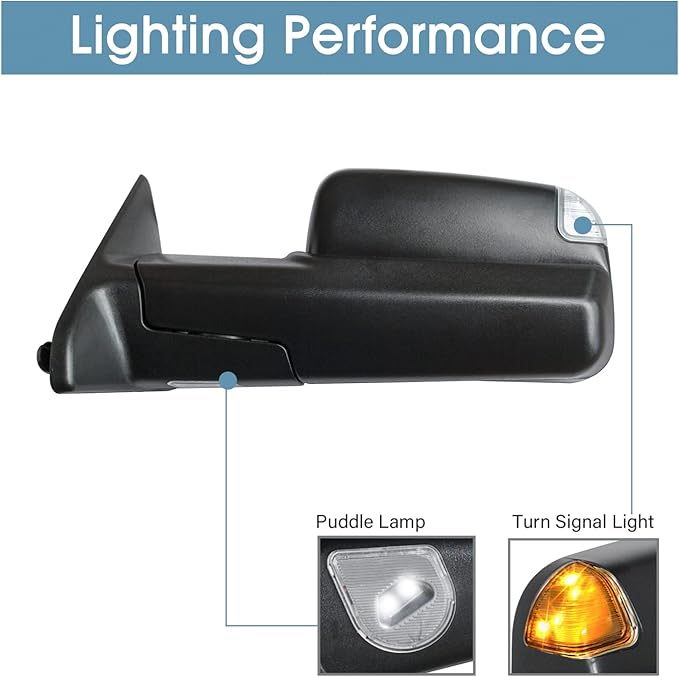 BOOLEE Towing Mirrors Compatible with 2009-2018 Dodge Ram 1500 2500 3500 with Turn Signal Lamp Puddle Light Temperature Sensor Power Heated Pickup Truck Tow Mirrors Black