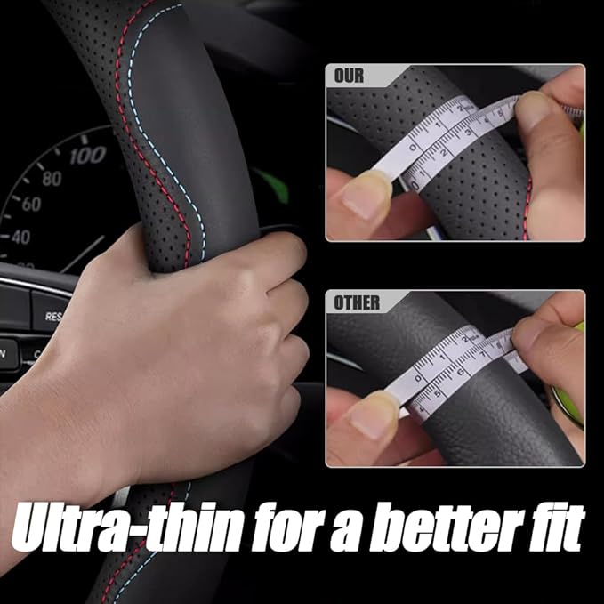 LKWLIKEI Nappa Premium Leather car Steering Wheel Cover, Non-Slip, Breathable, Universal 15 inches,Black and red Blue line