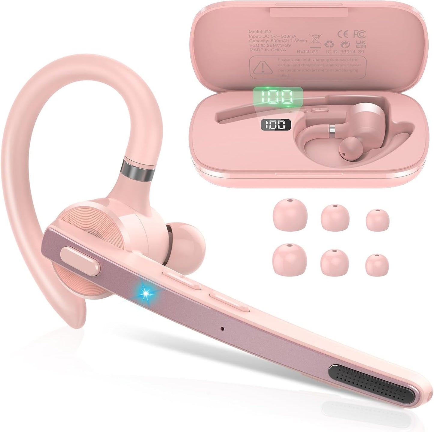 Bluetooth Headset, Wireless Bluetooth 5.3 Earpiece, 90Hrs Hands Free Headset with APTX HD Audio & Mute Button, Dual Noise Cancelling Mics, Single-Ear Headphone for Trucker/Business/Gym/Pink
