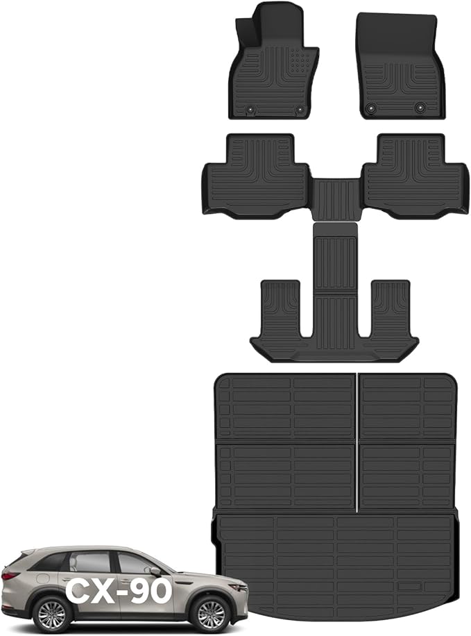Wayhigh-for Mazda CX-90 & CX90 PHEV 7 Seater (2nd Row Captain Seat or Bucket Seat) 2024 2025 All Weather Floor Mats and Cargo Liner Set TPE Car Mats Rubber Trunk Liner CX90 Accessories
