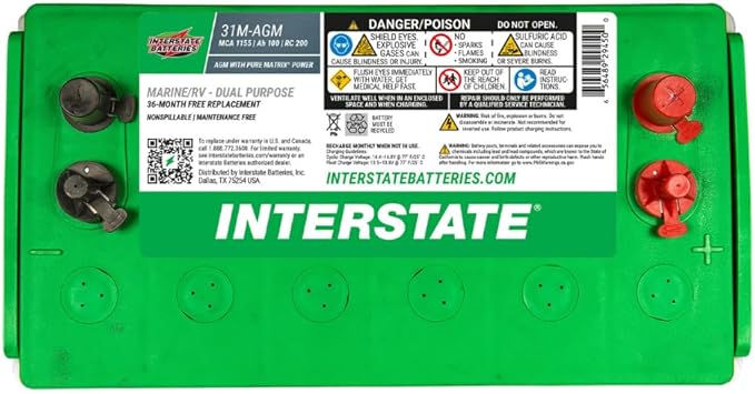 Interstate Batteries Marine/RV Battery 12V 100Ah 925CCA (31M-AGM) Dual Purpose Power Pure Lead AGM RV & Marine Starting Replacement Battery (Group Size 31M) Boats, RV's