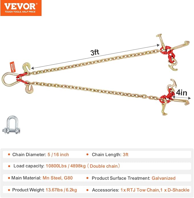 VEVOR G80 V Bridle Chain, 5/16" x 3' Towing Chain Bridle with R Hooks, T Hooks, J Hooks and Grab Hooks, Transport Tow Chain Bridle with 10800 lbs Safe Working Load for Flatbed Truck Wrecker Recovery