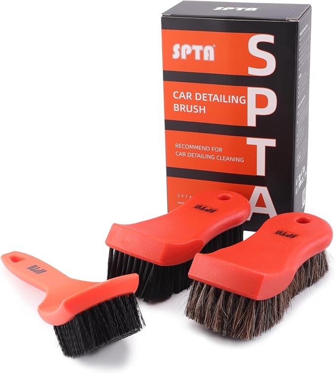 SPTA 3Pcs Car Detailing Brush Kit, Leather & Textile Interior Brush, Comfortable Grip and Scratch-Free Cleaning for Dashboard, Wheels, Seats, Foot Mats and Small Areas, Black