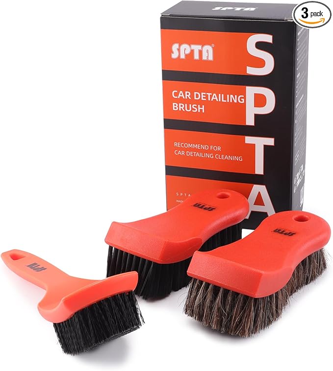 SPTA 3Pcs Car Detailing Brush Kit, Leather & Textile Interior Brush, Comfortable Grip and Scratch-Free Cleaning for Dashboard, Wheels, Seats, Foot Mats and Small Areas, Black