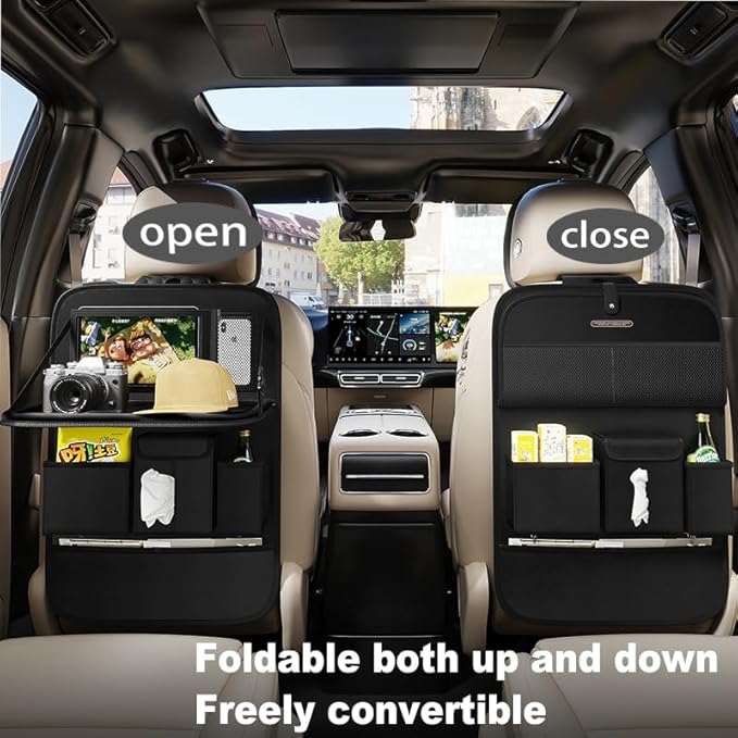 GMQ Back Seat Car Organizer 1 Pack,Backseat Organizer with Tray,Multifunctional Car Seat Back Storage Box with Foldable Tablet Holder (Black, Plain weave)