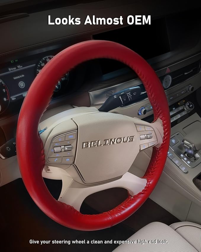 Belinous Leather Steering Wheel Cover Lace Up, Stitch On Wrap, Universal Fit 13-20 inch Car Truck SUV Pickup Boat, A Whole Piece of Cowhide, DIY Stitch w/Needle Thread (Size XS3, Red)