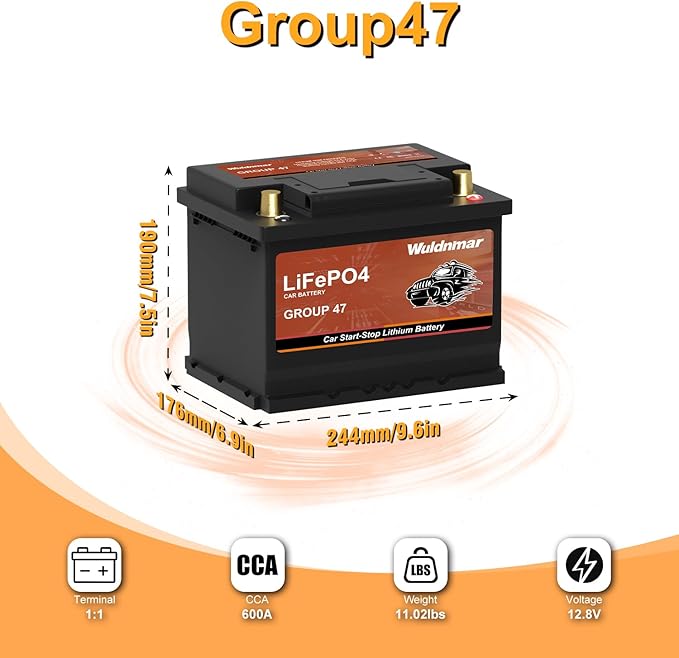 12V BCI Group 47 LiFePO4 Lithium Car Battery 600CCA Lightweight Automotive Start-Stop Battery Size H5