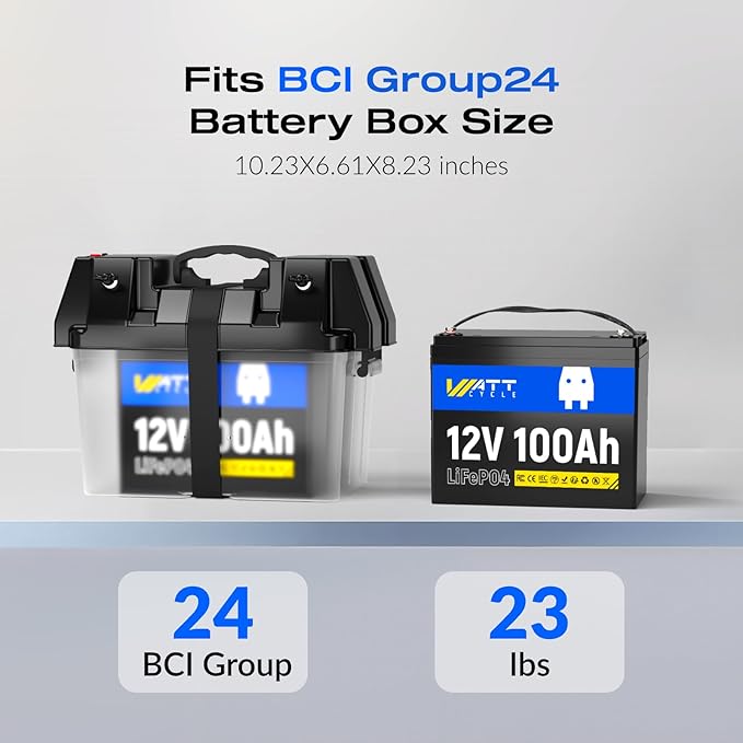 WattCycle 2X 12V 100Ah LiFePO4 Lithium Battery - Group 24, 15000+ Deep Cycles, Built-in 100A BMS, Low-Temp Tech for RV, Solar, Marine, Trolling Motor, Home Energy Storage (2 Pack)